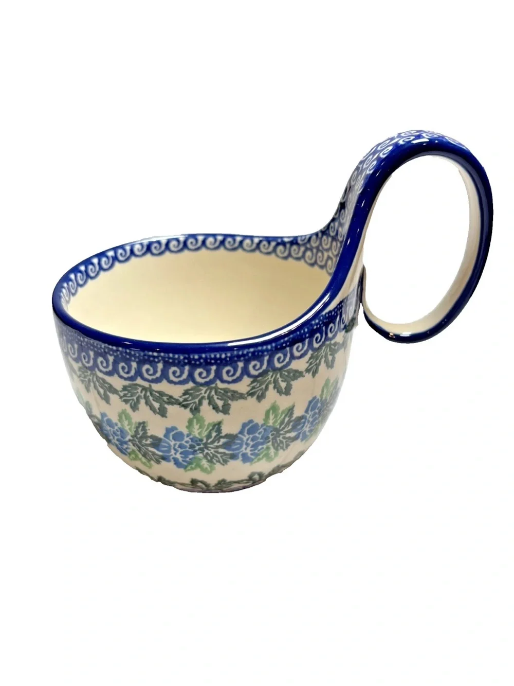 Polish Pottery Soup Bowl Loop Handle Cobalt Blue Green Floral Leaf Boleslawiec